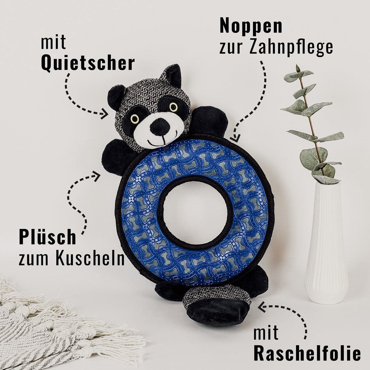 ne & no® dog toys raccoon / plush animal + cocketry + squeaker - Image 3
